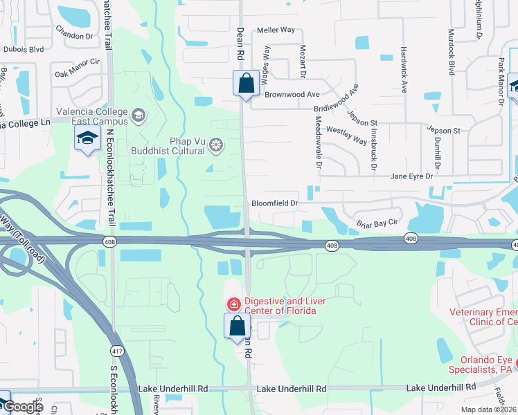 map of restaurants, bars, coffee shops, grocery stores, and more near 10116 Dean Point Place in Orlando