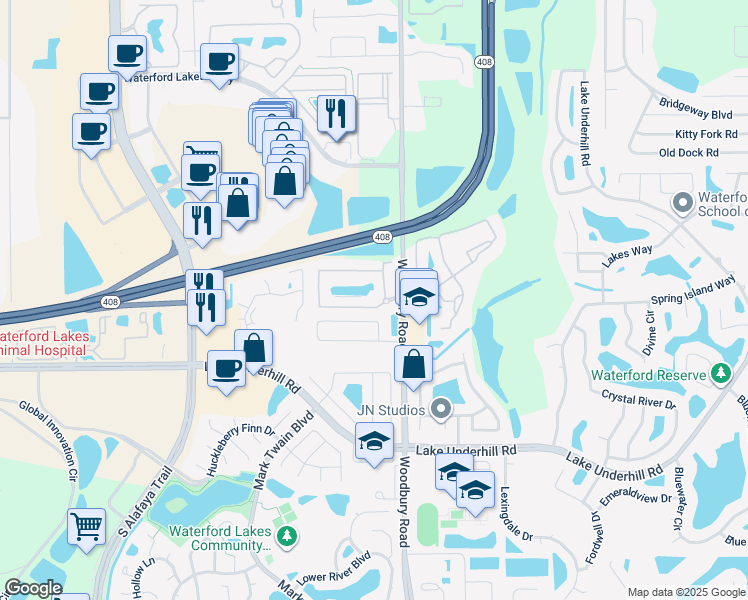 map of restaurants, bars, coffee shops, grocery stores, and more near 12932 Mallory Circle in Orlando