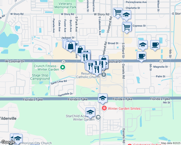 map of restaurants, bars, coffee shops, grocery stores, and more near 13750 West Colonial Drive in Winter Garden