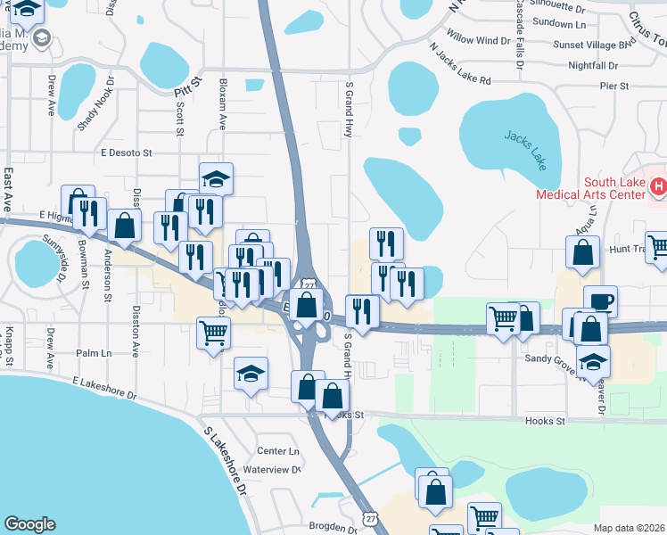 map of restaurants, bars, coffee shops, grocery stores, and more near 1224 Lakeview Drive in Clermont