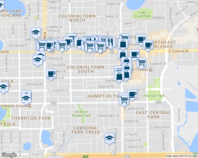 map of restaurants, bars, coffee shops, grocery stores, and more near 2009 Stanley Street in Orlando