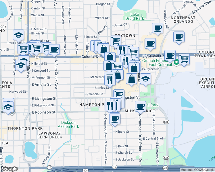 map of restaurants, bars, coffee shops, grocery stores, and more near 2309 Stanley Street in Orlando