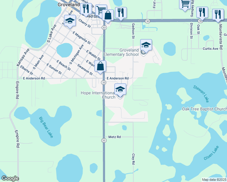 map of restaurants, bars, coffee shops, grocery stores, and more near 1038 Park Central Circle in Groveland