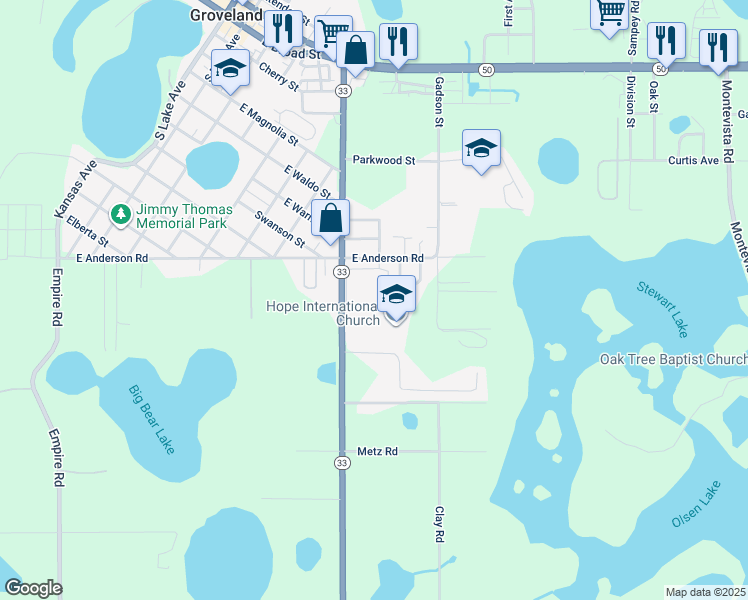 map of restaurants, bars, coffee shops, grocery stores, and more near 1032 Park Central Circle in Groveland