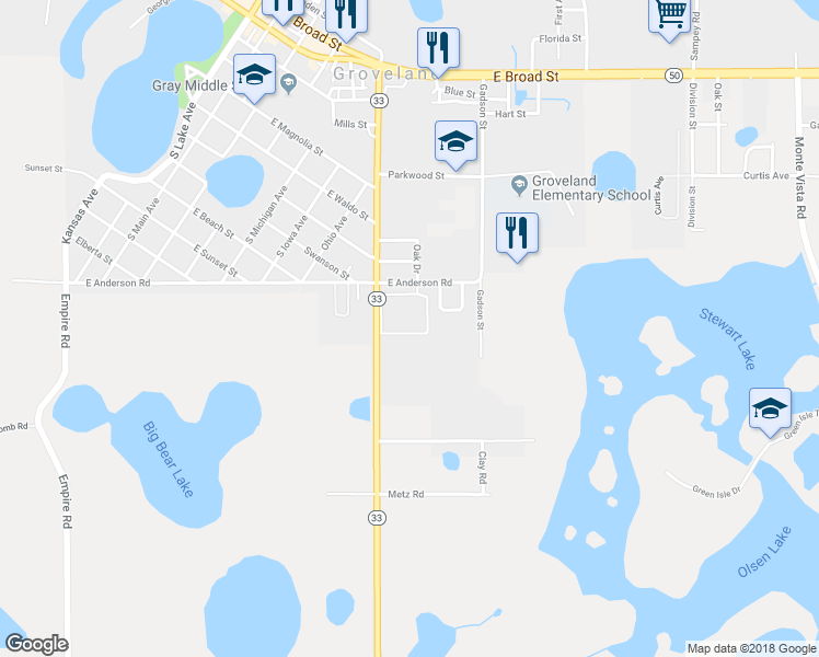 map of restaurants, bars, coffee shops, grocery stores, and more near 1034 Park Central Circle in Groveland