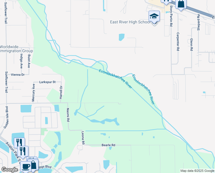 map of restaurants, bars, coffee shops, grocery stores, and more near 16425 Sunflower Trail in Orlando
