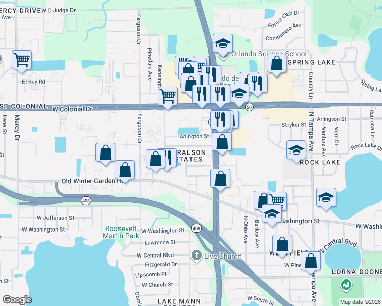 map of restaurants, bars, coffee shops, grocery stores, and more near 2832 Concord Street in Orlando