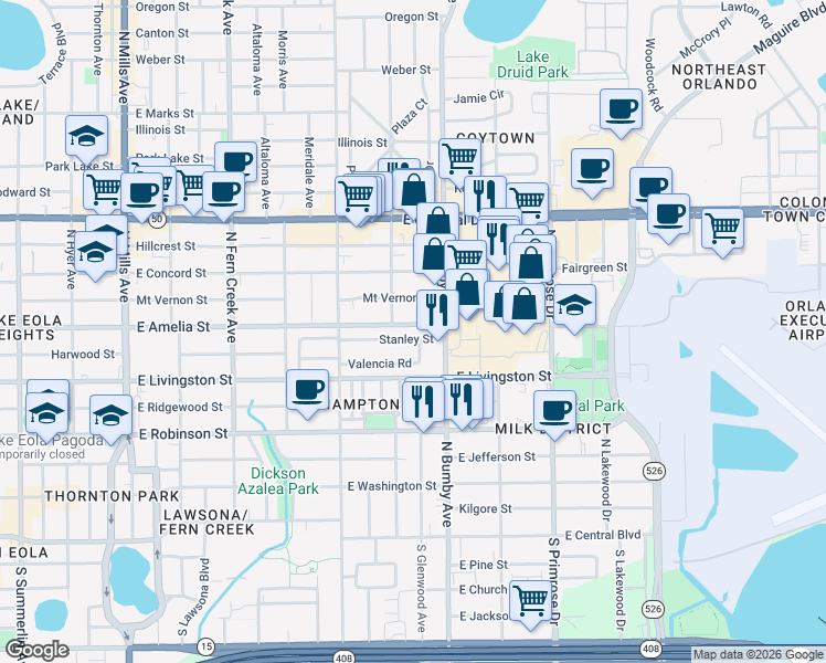 map of restaurants, bars, coffee shops, grocery stores, and more near 2309 Stanley Street in Orlando