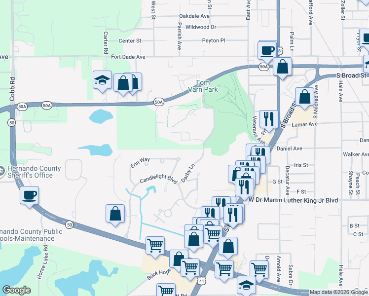 map of restaurants, bars, coffee shops, grocery stores, and more near 722 Darby Lane in Brooksville