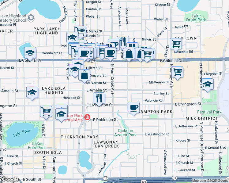 map of restaurants, bars, coffee shops, grocery stores, and more near in Orlando
