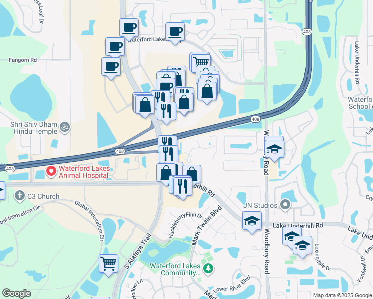 map of restaurants, bars, coffee shops, grocery stores, and more near 738 Crest Pines Drive in Orlando