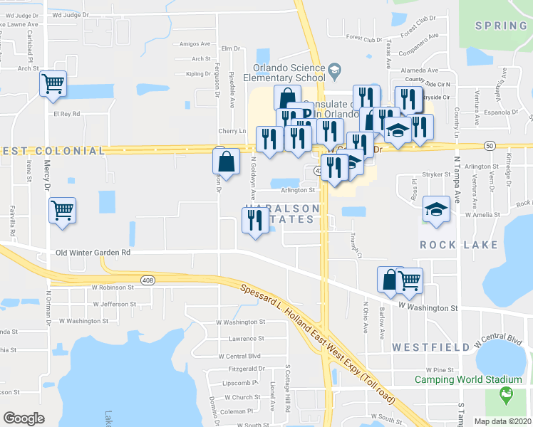 map of restaurants, bars, coffee shops, grocery stores, and more near 3005 West Amelia Street in Orlando