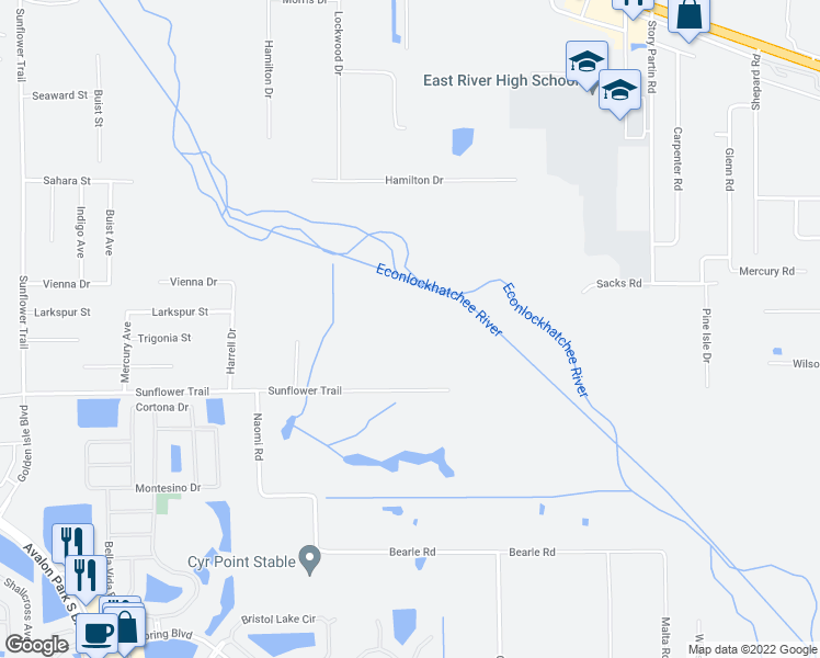 map of restaurants, bars, coffee shops, grocery stores, and more near 16425 Sunflower Trail in Orlando