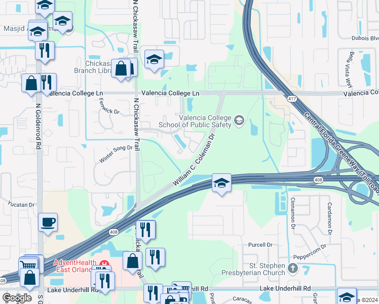 map of restaurants, bars, coffee shops, grocery stores, and more near 8136 Claire Ann Drive in Orlando
