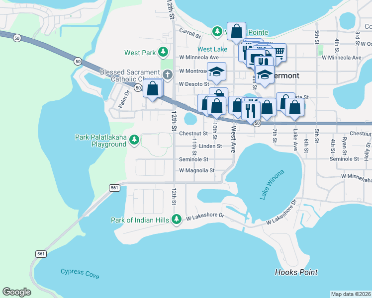 map of restaurants, bars, coffee shops, grocery stores, and more near 1119 Linden Street in Clermont