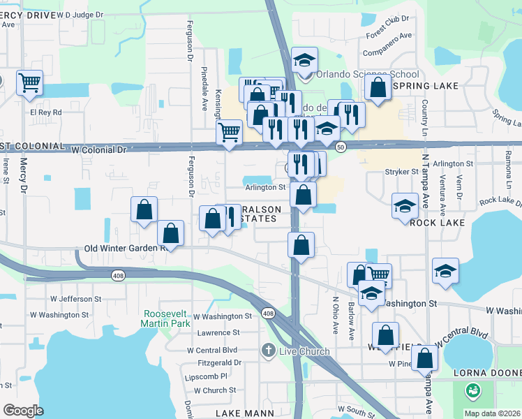 map of restaurants, bars, coffee shops, grocery stores, and more near 2832 Concord Street in Orlando