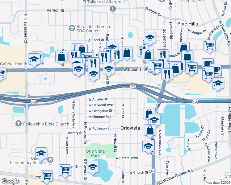 map of restaurants, bars, coffee shops, grocery stores, and more near 515 North Nowell Street in Orlando