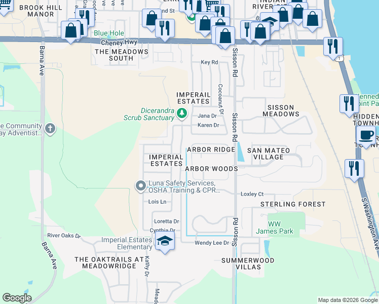 map of restaurants, bars, coffee shops, grocery stores, and more near 516 Arbor Ridge Lane in Titusville