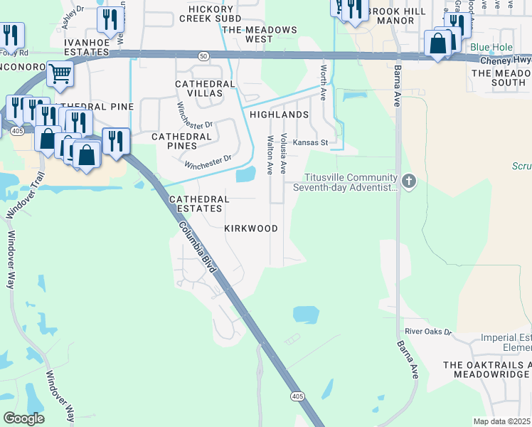 map of restaurants, bars, coffee shops, grocery stores, and more near 5060 Walton Avenue in Titusville