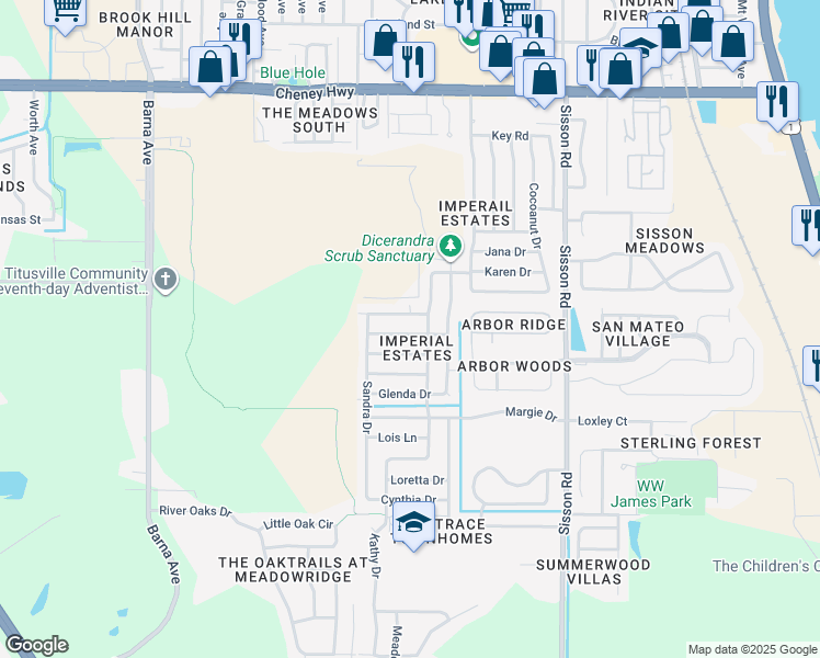 map of restaurants, bars, coffee shops, grocery stores, and more near 920 Lisa Drive in Titusville