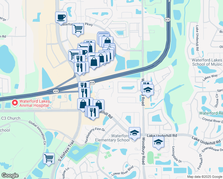 map of restaurants, bars, coffee shops, grocery stores, and more near 12524 Crest Springs Lane in Orlando