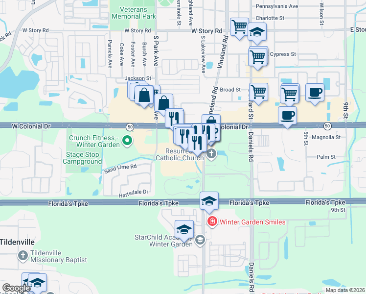 map of restaurants, bars, coffee shops, grocery stores, and more near 13750 West Colonial Drive in Winter Garden