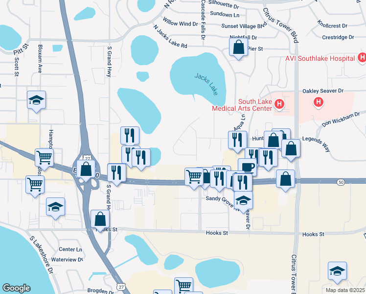 map of restaurants, bars, coffee shops, grocery stores, and more near 1313 Arbor Glen Court in Clermont