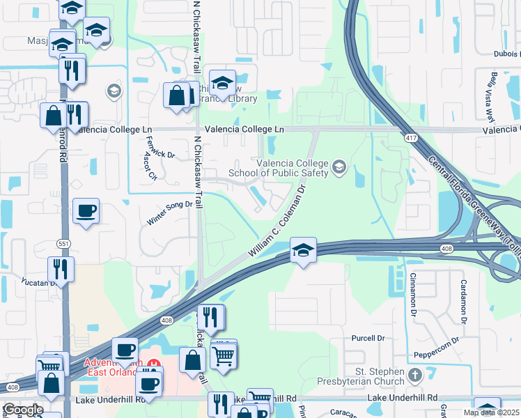 map of restaurants, bars, coffee shops, grocery stores, and more near 500 Bamboo Harbor Court in Orlando