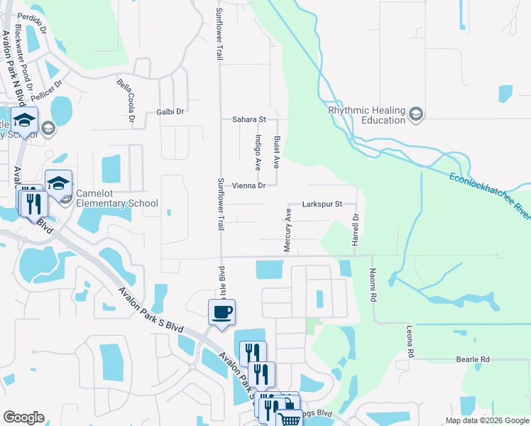 map of restaurants, bars, coffee shops, grocery stores, and more near 15706 Larkspur Street in Orlando