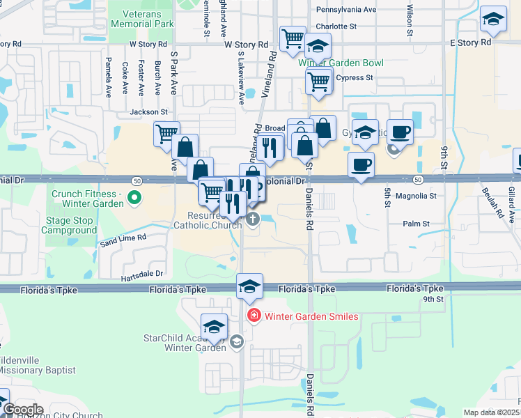 map of restaurants, bars, coffee shops, grocery stores, and more near 13656 West Colonial Drive in Winter Garden