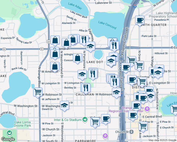 map of restaurants, bars, coffee shops, grocery stores, and more near 659 West Amelia Street in Orlando