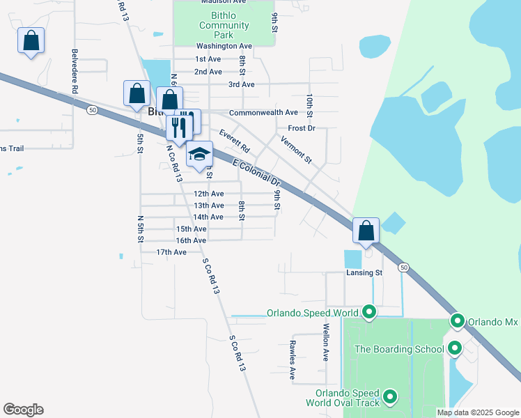 map of restaurants, bars, coffee shops, grocery stores, and more near 18686 13th Avenue in Orlando