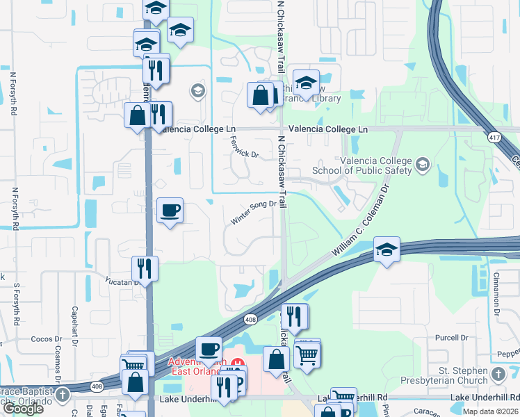 map of restaurants, bars, coffee shops, grocery stores, and more near 7920 Winter Song Drive in Orlando