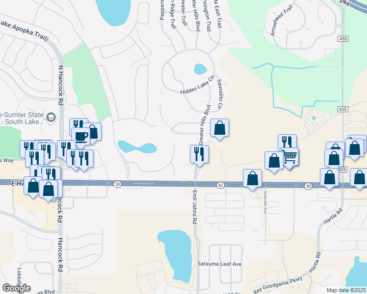 map of restaurants, bars, coffee shops, grocery stores, and more near 15628 Carriage Hill Court in Clermont
