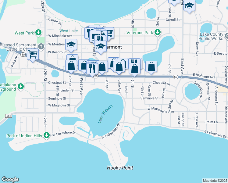 map of restaurants, bars, coffee shops, grocery stores, and more near 655 Linden Street in Clermont