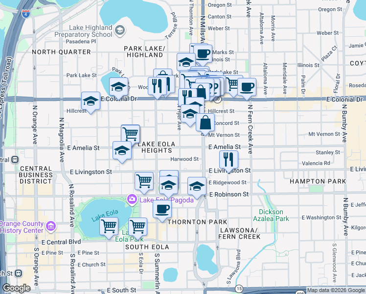 map of restaurants, bars, coffee shops, grocery stores, and more near 1011 East Amelia Street in Orlando