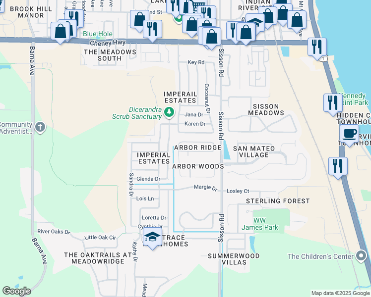 map of restaurants, bars, coffee shops, grocery stores, and more near 516 Arbor Ridge Lane in Titusville