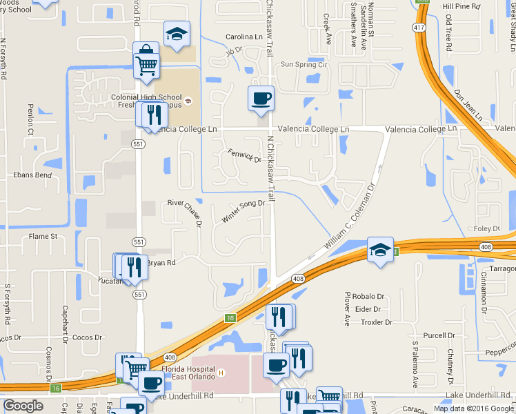 map of restaurants, bars, coffee shops, grocery stores, and more near 7934 Winter Song Drive in Orlando