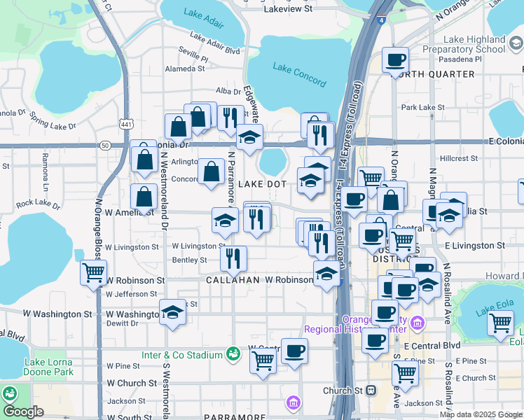 map of restaurants, bars, coffee shops, grocery stores, and more near 480 North Terry Avenue in Orlando