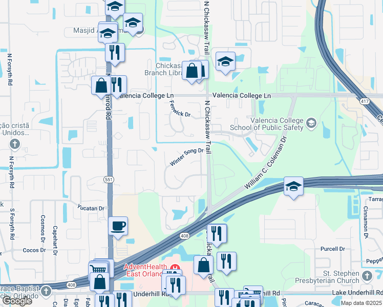 map of restaurants, bars, coffee shops, grocery stores, and more near 7920 Winter Song Drive in Orlando