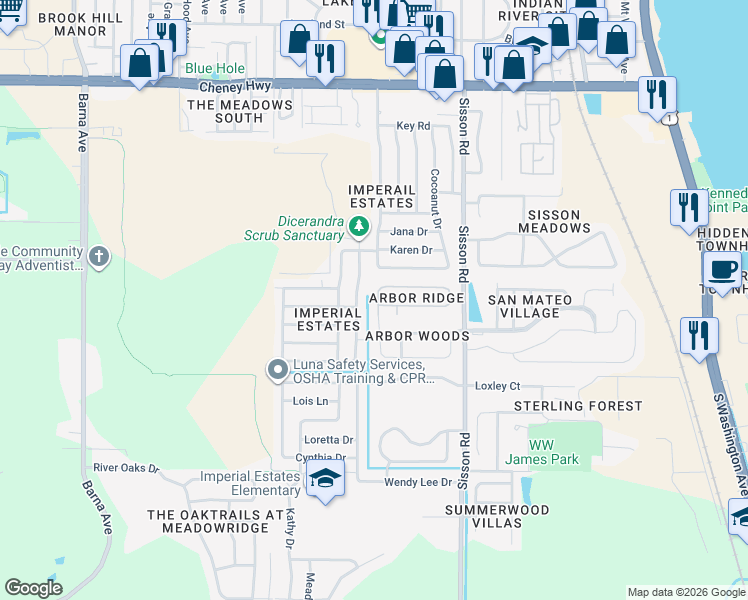 map of restaurants, bars, coffee shops, grocery stores, and more near 516 Arbor Ridge Lane in Titusville