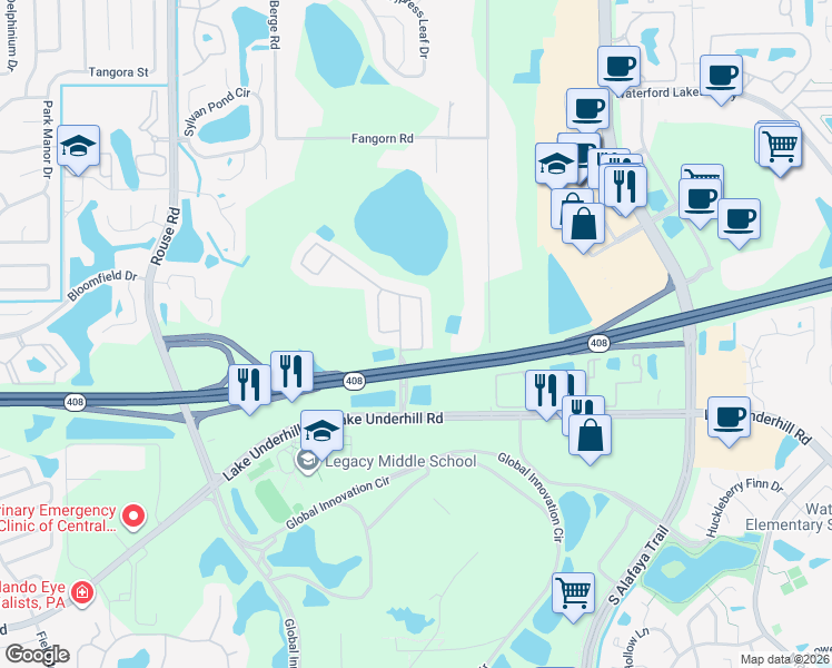 map of restaurants, bars, coffee shops, grocery stores, and more near 414 Carey Way in Orlando