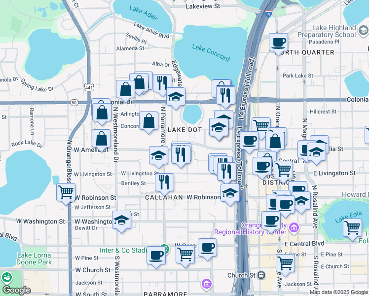 map of restaurants, bars, coffee shops, grocery stores, and more near 480 North Terry Avenue in Orlando