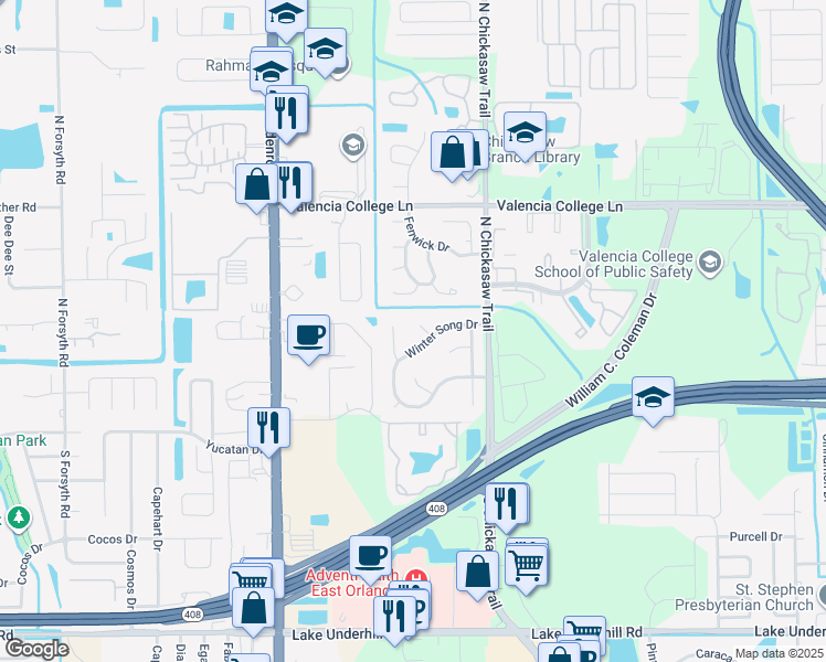 map of restaurants, bars, coffee shops, grocery stores, and more near 442 Loblolly Lane in Orlando