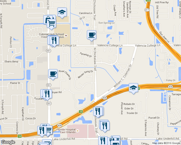 map of restaurants, bars, coffee shops, grocery stores, and more near 7920 Winter Song Drive in Orlando