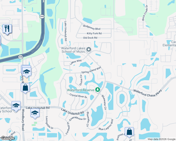 map of restaurants, bars, coffee shops, grocery stores, and more near 866 Spring Island Way in Orlando