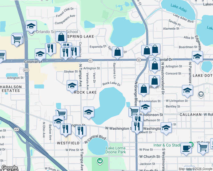 map of restaurants, bars, coffee shops, grocery stores, and more near 1610 Rock Lake Drive in Orlando