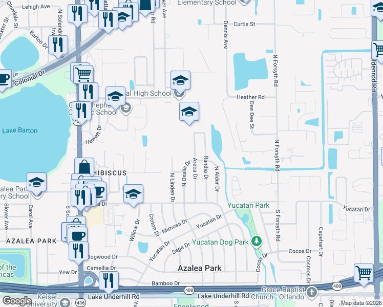map of restaurants, bars, coffee shops, grocery stores, and more near 132 Areca Drive in Orlando