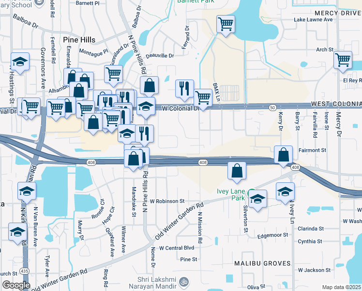 map of restaurants, bars, coffee shops, grocery stores, and more near 671 Head Avenue in Orlando