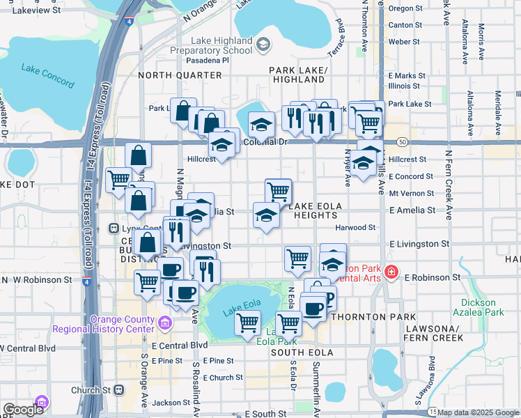 map of restaurants, bars, coffee shops, grocery stores, and more near 445 East Amelia Street in Orlando